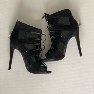 Bebe black lace up open toe booties 7.5